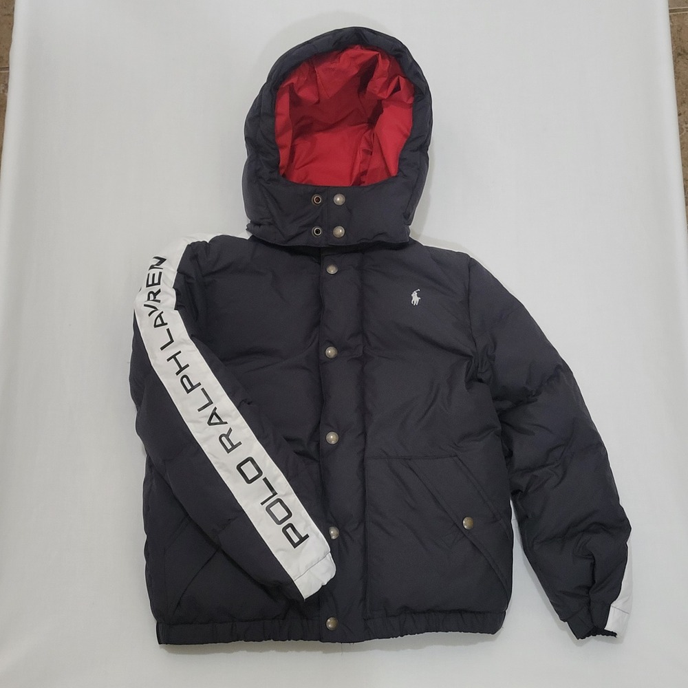 Polo Ralph Lauren Kids Black Down Puffer Jacket Detachable Hood Size M 10-12